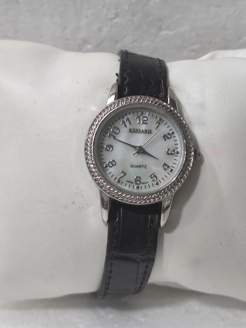 Kessaris Women's Silver Case Watch with Black Leather Strap